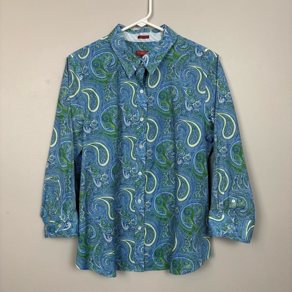 Talbots Top‎ 16 Blue Haberdashery Button Front Shirt Wrinkle Resistant Paisley